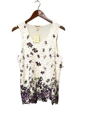 NWT Studio West White & Purple Floral Lace Tank Top 1X Rayon/Spandex Sleeveless